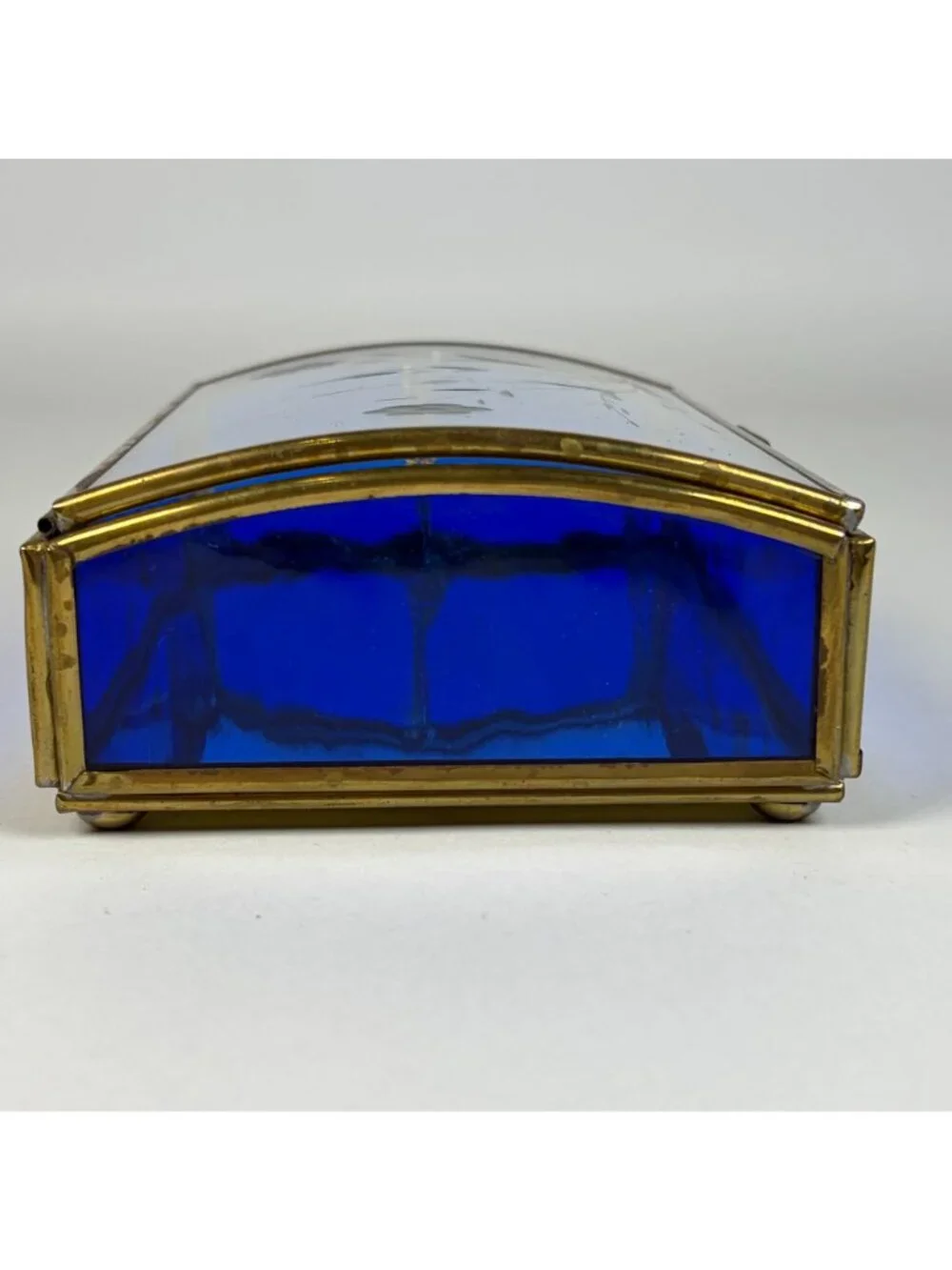 Vintage Blue Glass Jewelry Trinket Box Brass Trim Hinged Lid